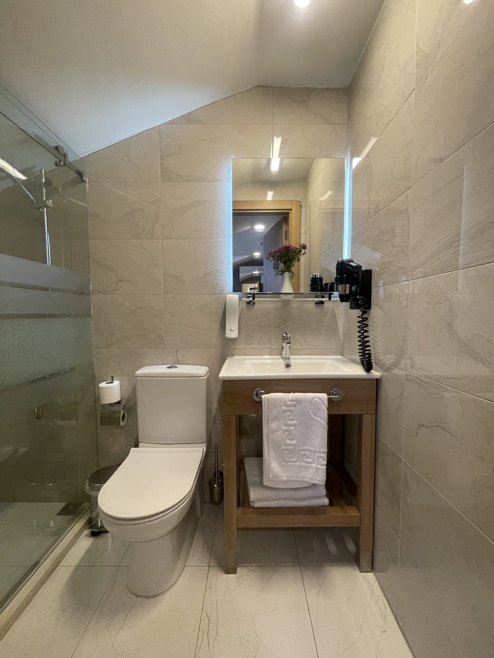 Shower, free toiletries, hair dryer, slippers