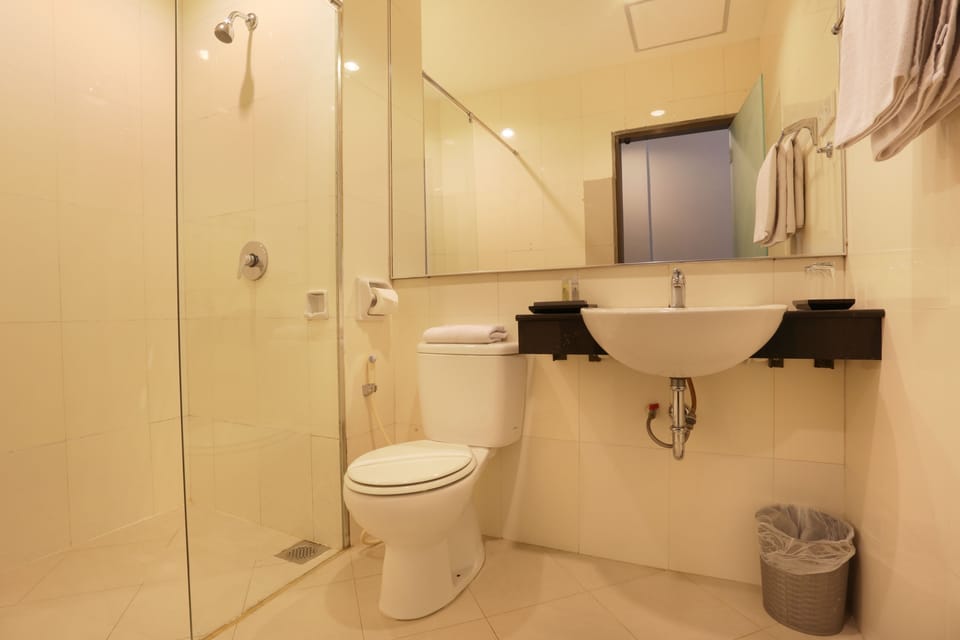 Shower, hair dryer (on request), slippers, bidet
