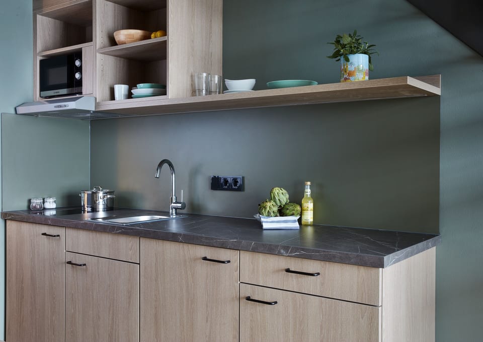 Mini-fridge, microwave, stovetop, electric kettle
