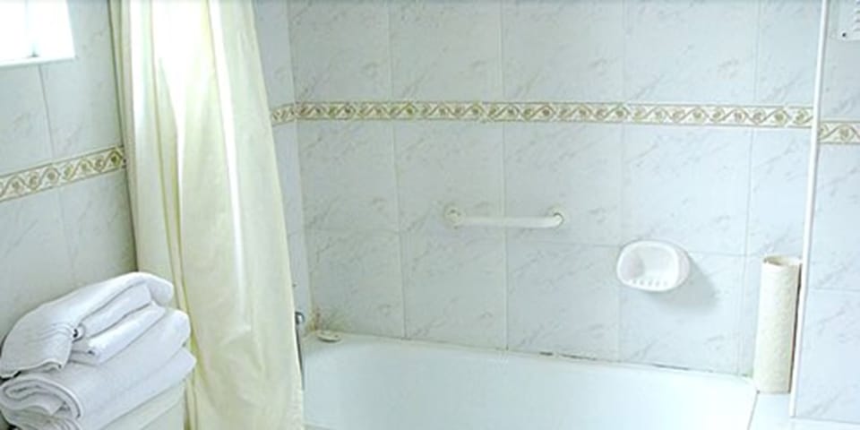 Shower, towels, soap, shampoo