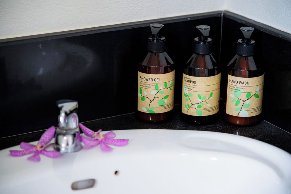 Shower, hydromassage showerhead, free toiletries, hair dryer