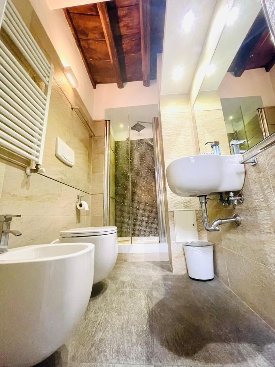 Shower, rainfall showerhead, designer toiletries, hair dryer