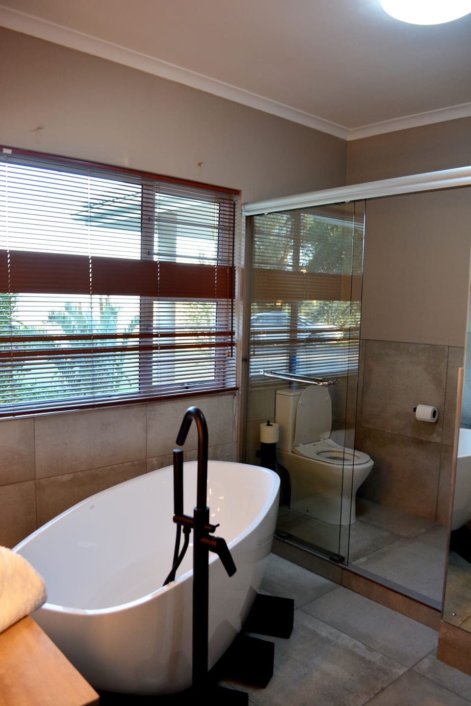 Shower, free toiletries, hair dryer, towels