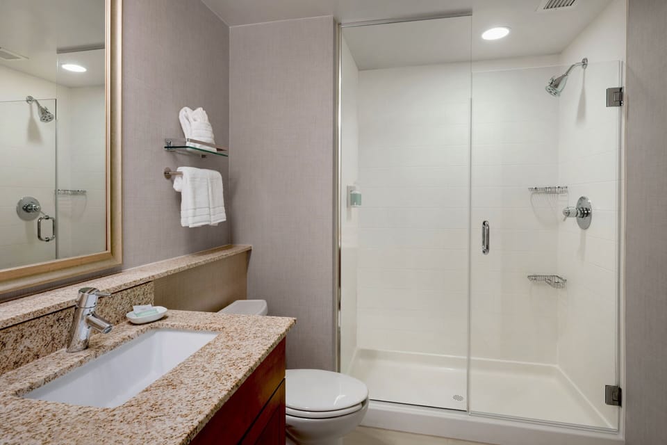 Combined shower/tub, free toiletries, towels