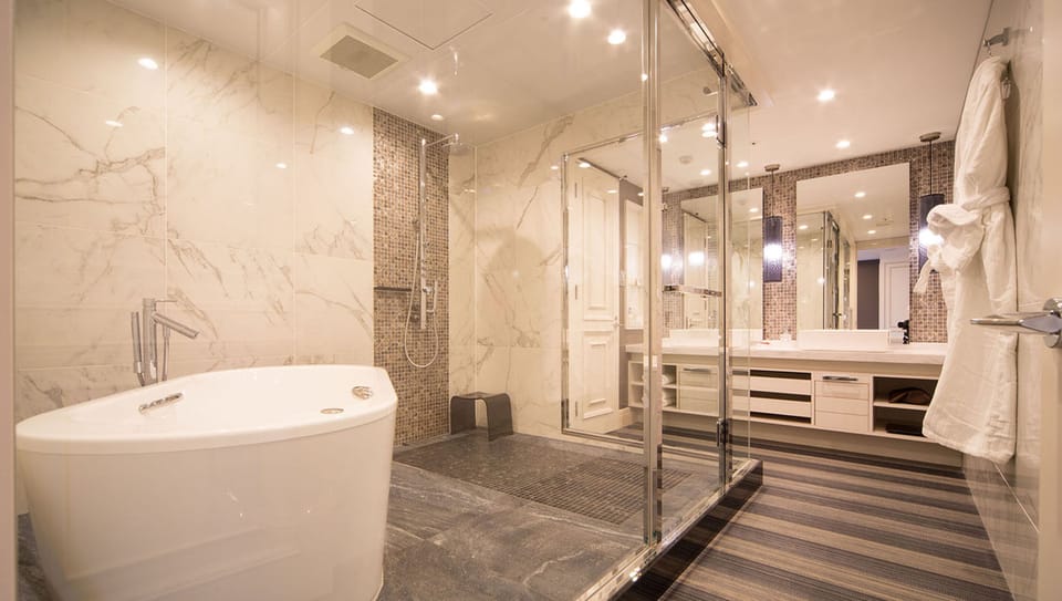 Combined shower/tub, deep soaking tub, free toiletries, hair dryer