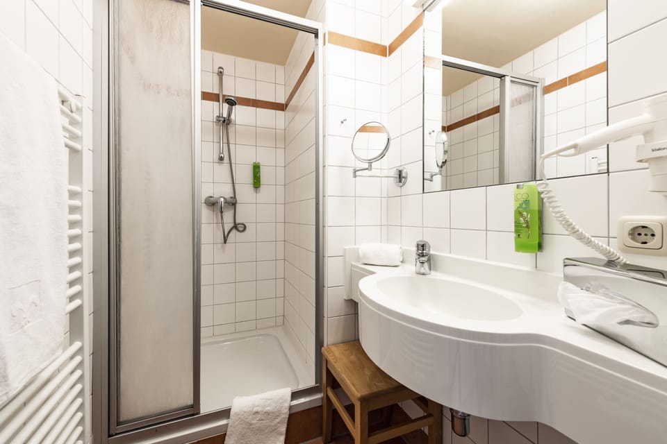 Shower, hair dryer, towels