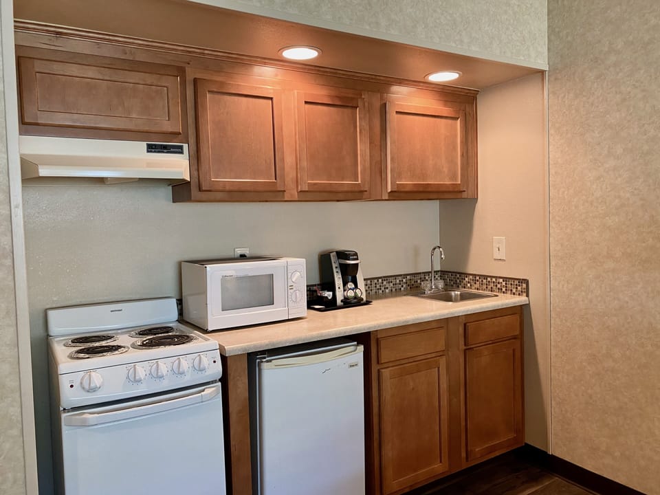 Mini-fridge, microwave, coffee/tea maker