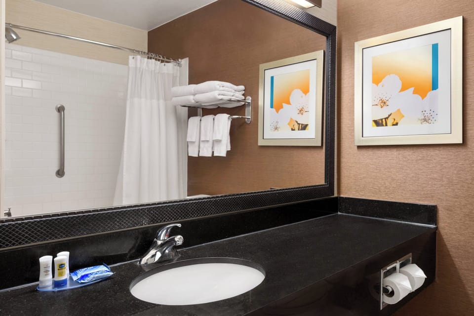 Combined shower/tub, free toiletries, hair dryer, towels
