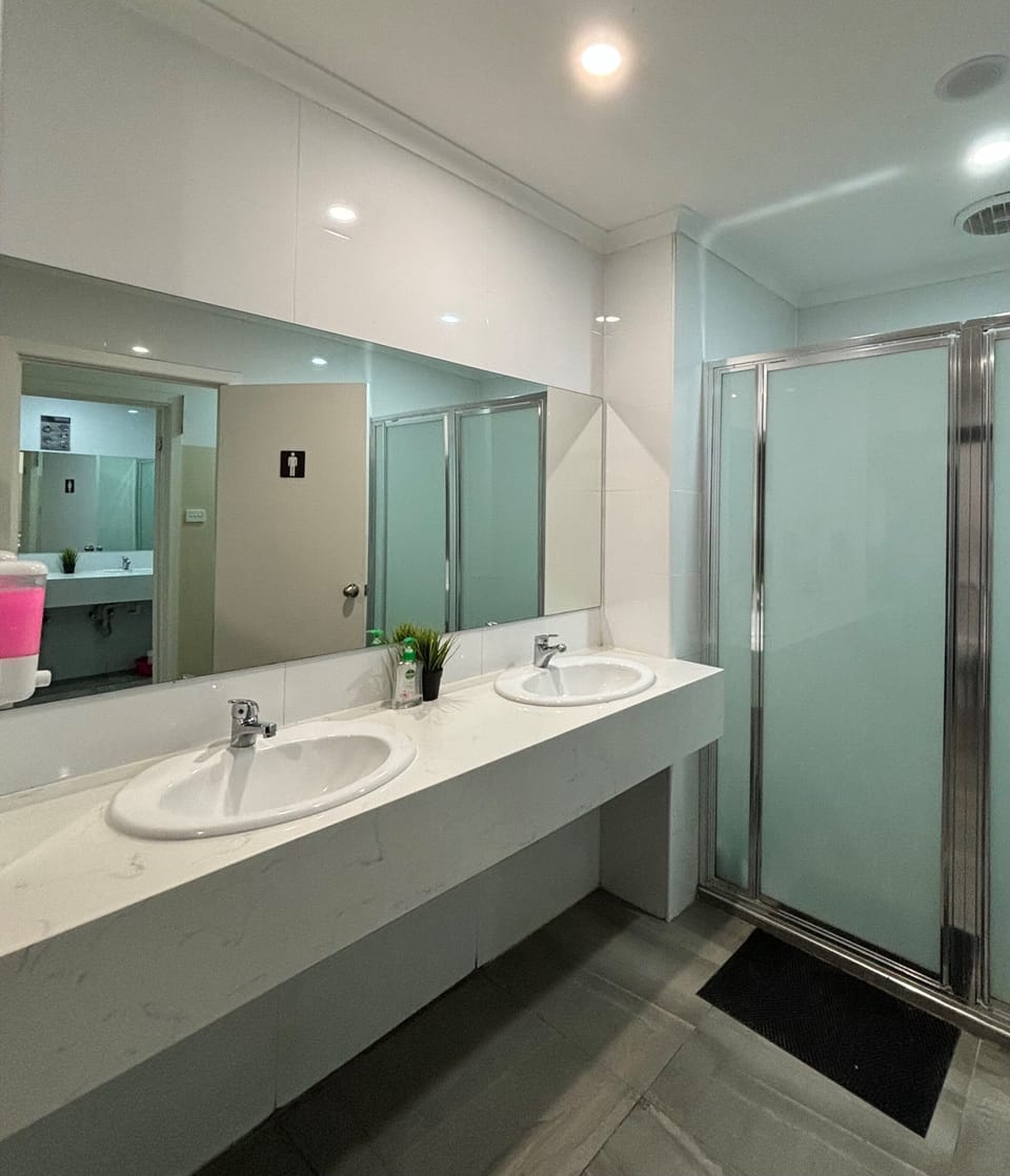 Shower, towels, soap, toilet paper