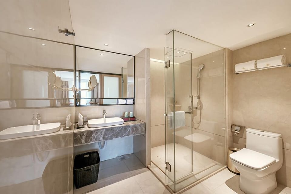 Shower, hydromassage showerhead, designer toiletries, hair dryer