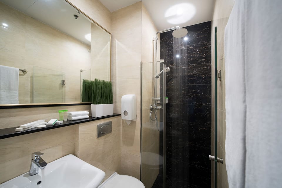 Shower, free toiletries, hair dryer, towels