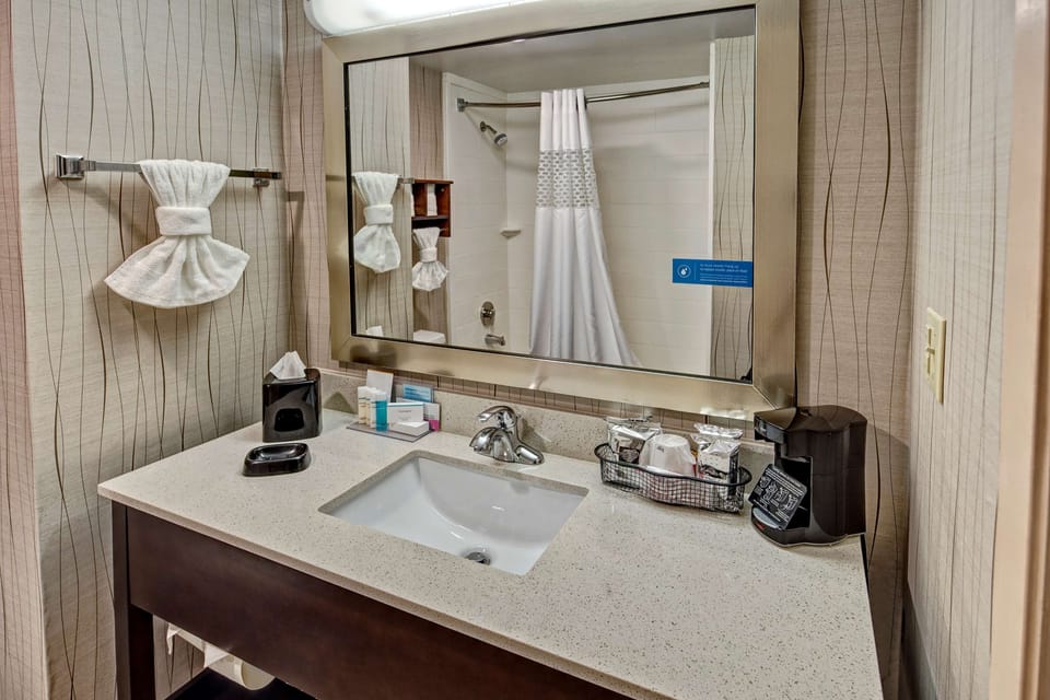 Combined shower/tub, free toiletries, hair dryer, towels