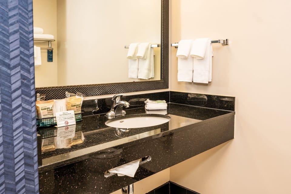 Combined shower/tub, free toiletries, hair dryer, towels