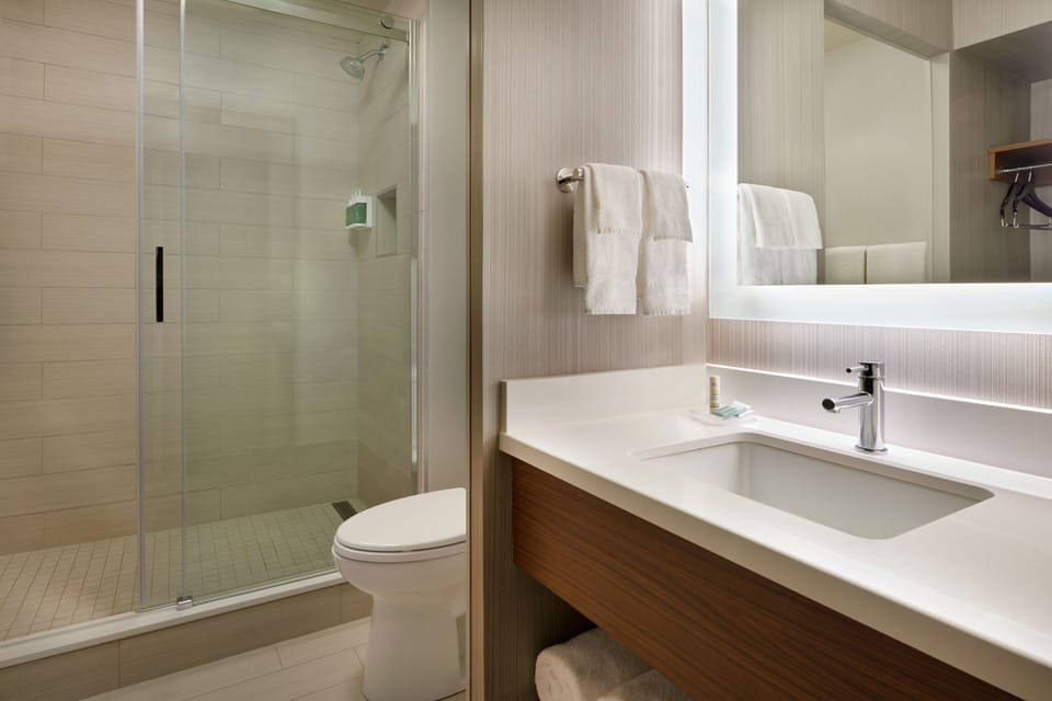 Shower, free toiletries, hair dryer, towels