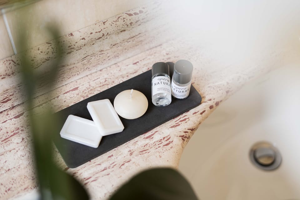 Rainfall showerhead, free toiletries, hair dryer, slippers