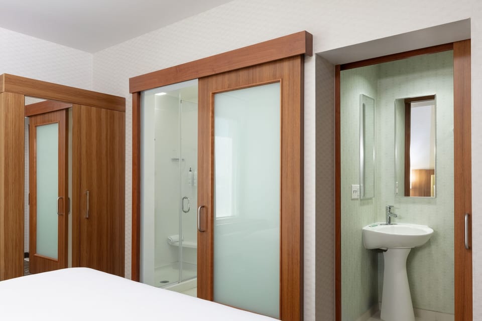 Combined shower/tub, free toiletries, hair dryer, towels