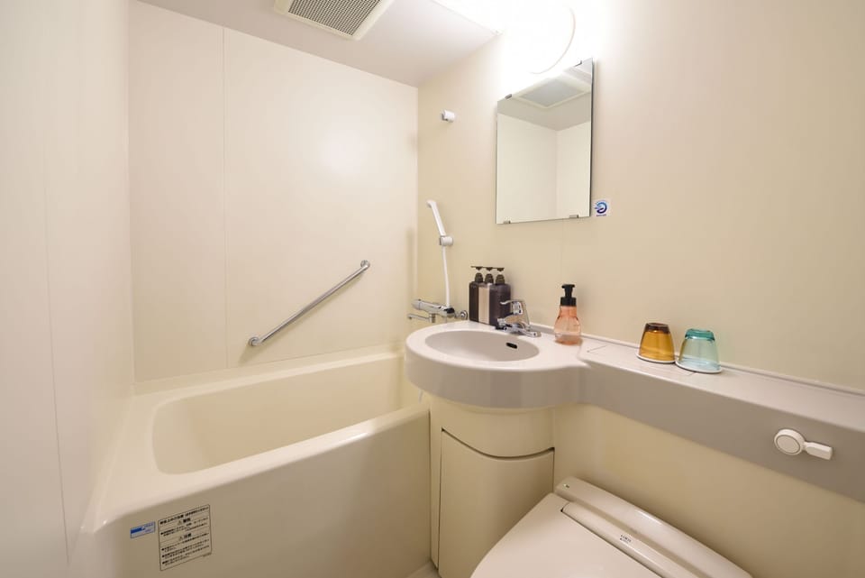 Combined shower/tub, deep soaking tub, hair dryer, bidet