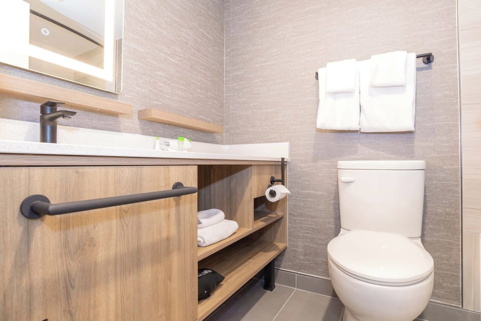 Combined shower/tub, free toiletries, hair dryer, towels
