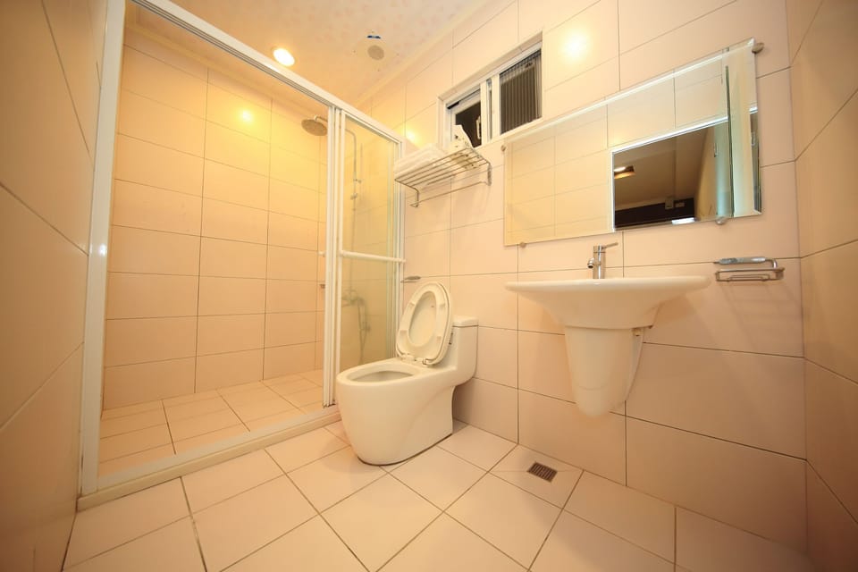 Shower, free toiletries, hair dryer, slippers