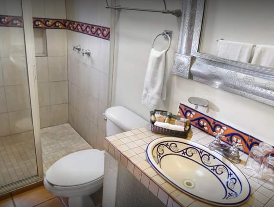 Shower, free toiletries, hair dryer, towels