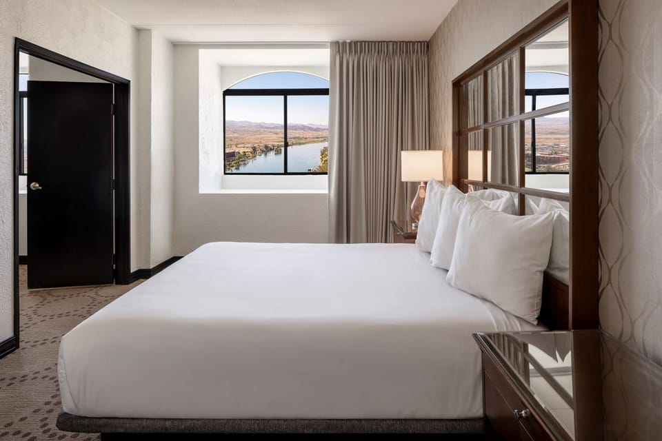 Hypo-allergenic bedding, pillowtop beds, desk, laptop workspace