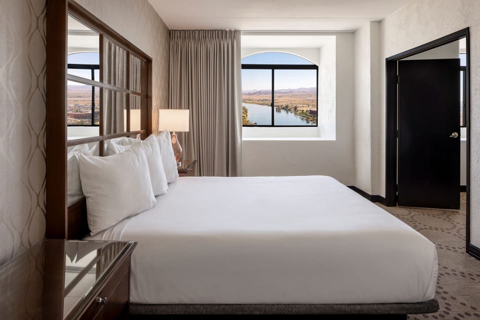 Hypo-allergenic bedding, pillowtop beds, desk, laptop workspace