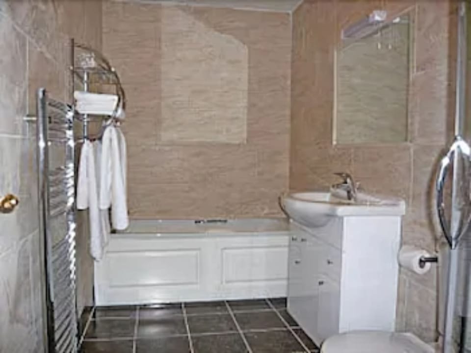 Combined shower/tub, free toiletries, hair dryer, towels