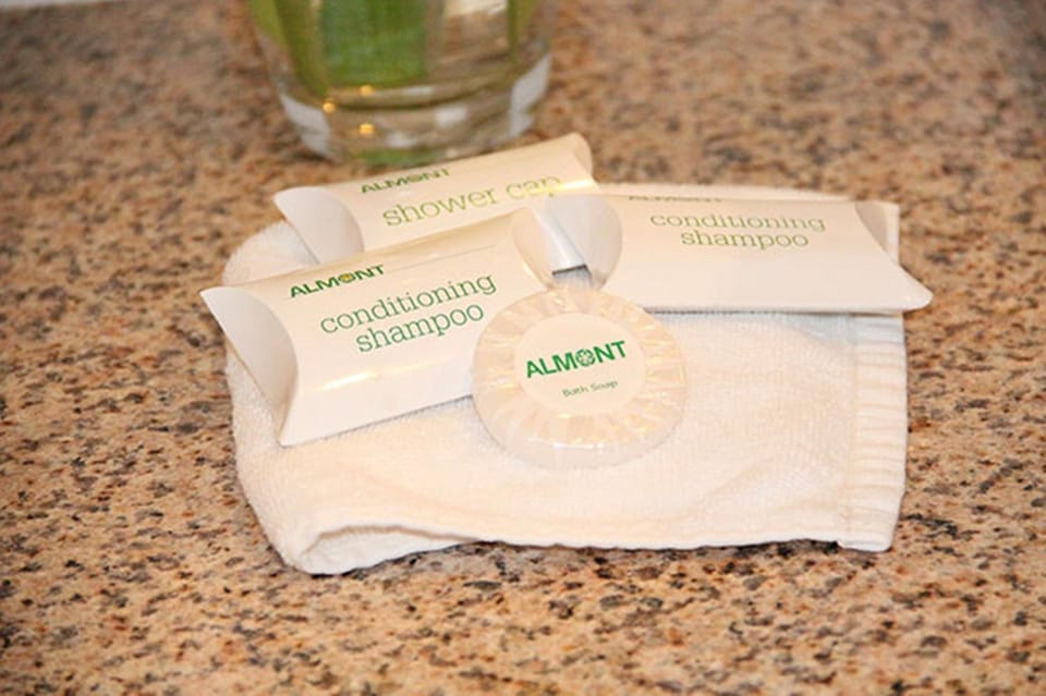 Towels, soap, shampoo, toilet paper