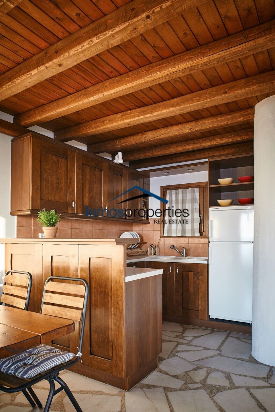 The dining area and kitchen