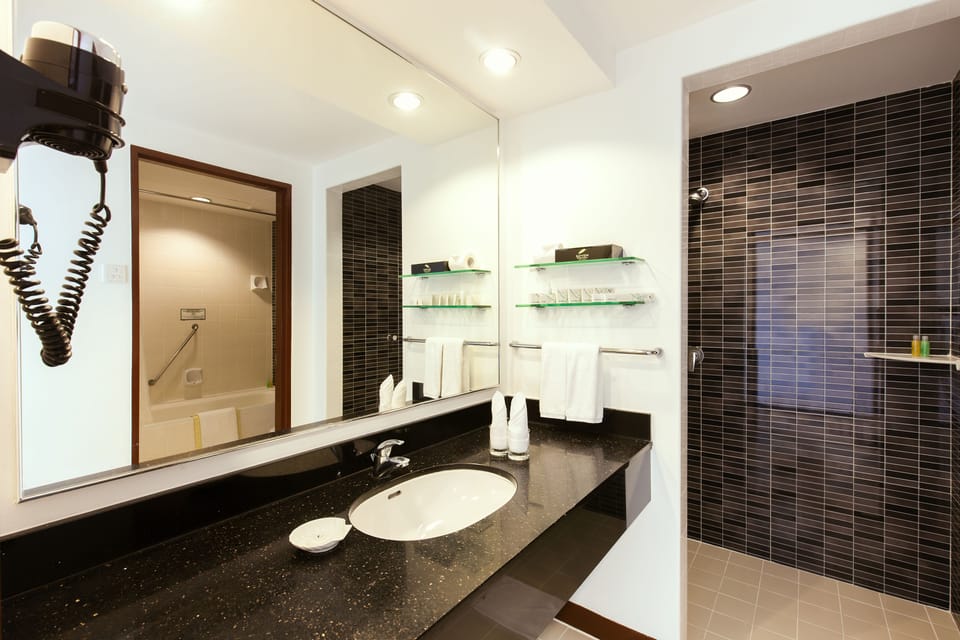 Separate tub and shower, free toiletries, slippers, bidet
