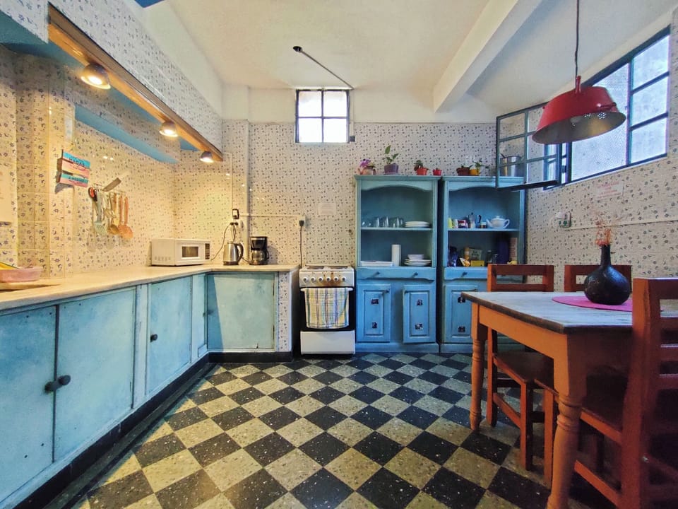 Fridge, microwave, oven, cookware/dishes/utensils