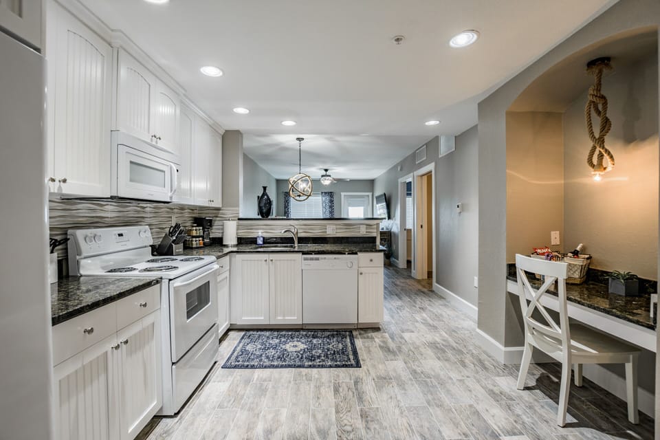 View from entrance- a fully stocked kitchen