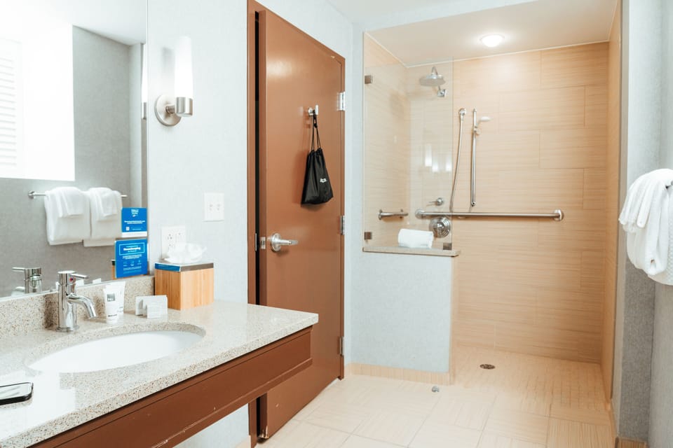 Room, 1 Queen Bed, Accessible, Non Smoking (Hearing & Rollin Shower) | Bathroom | Shower, rainfall showerhead, designer toiletries, hair dryer