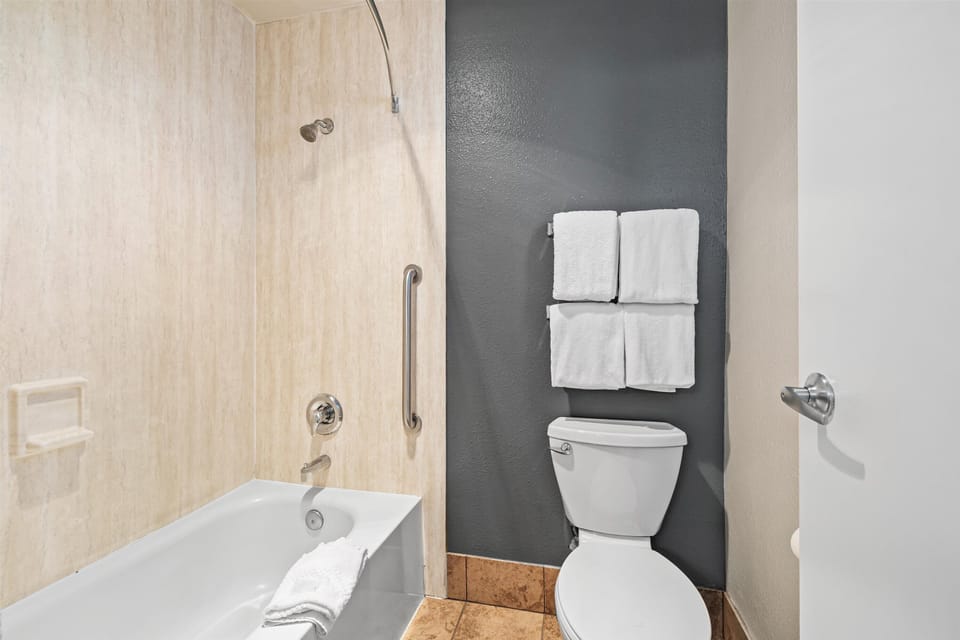 Combined shower/tub, hair dryer, towels