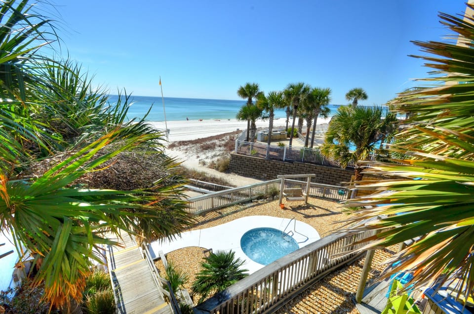View over hot tub to the right of the building. 