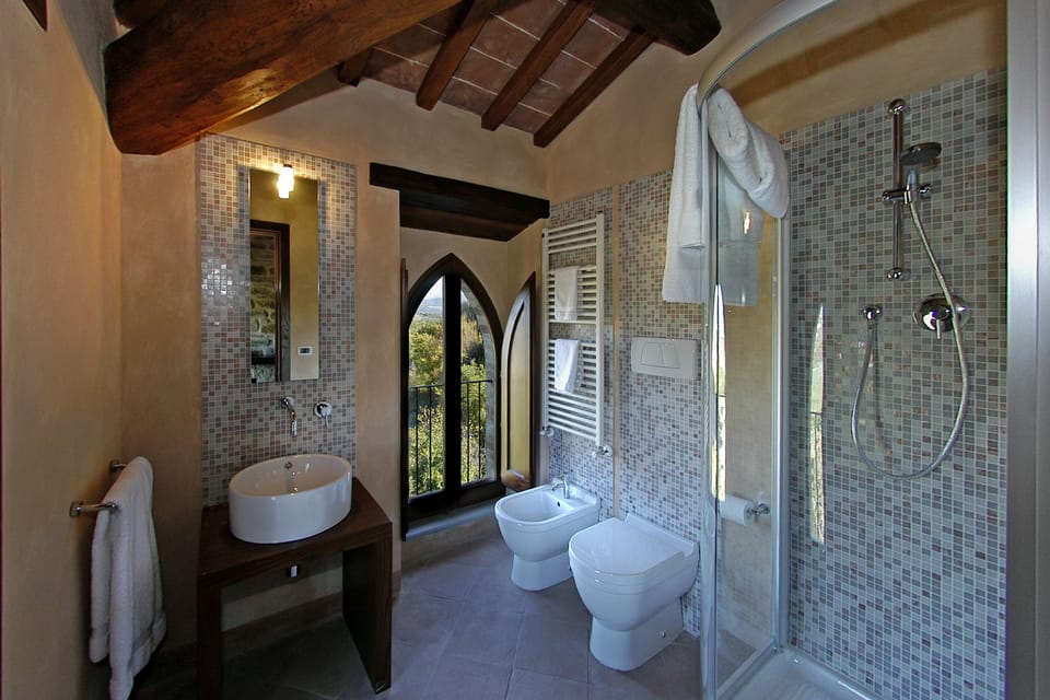 Shower, free toiletries, hair dryer, bidet