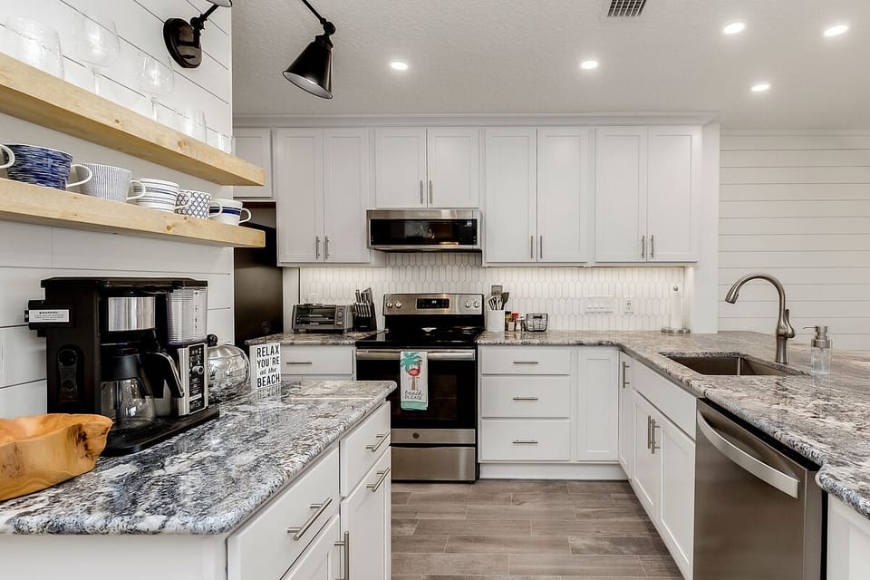 Coffee bar and light & bright kitchen.