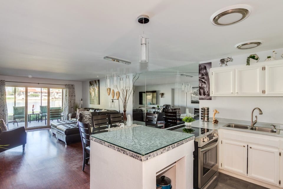 Kitchen open to dining area