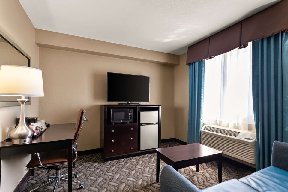 Down comforters, desk, blackout drapes, soundproofing