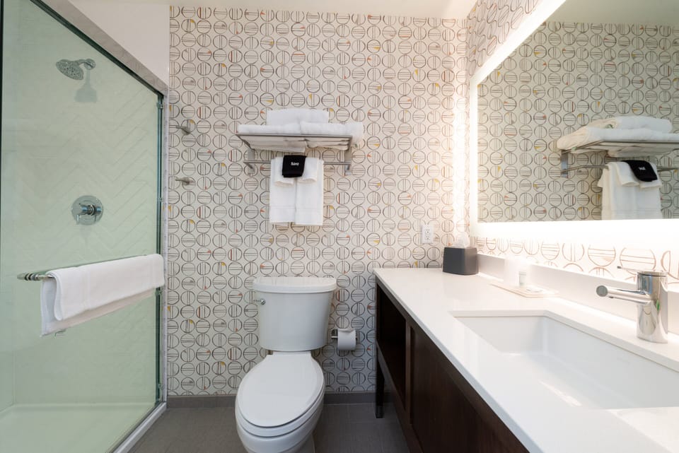 Hair dryer, towels, soap, shampoo