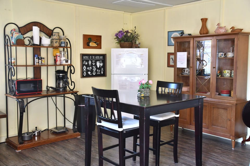 Dining area with a microwave, convection oven, hot plate, and a coffee maker.