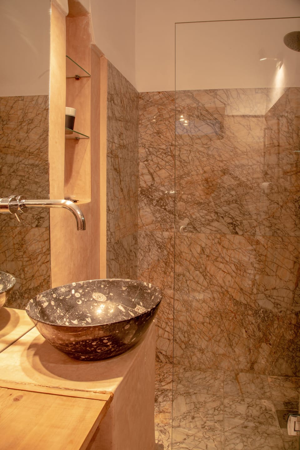 Shower, rainfall showerhead, hair dryer, towels