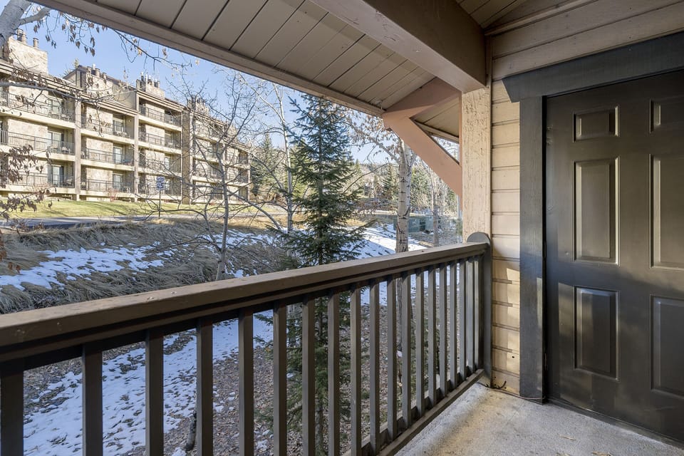 A balcony view showing a wooded area with traces of snow, facing residential buildings in the background on a sunny day. The balcony has a black railing and is attached to a building with a black door.