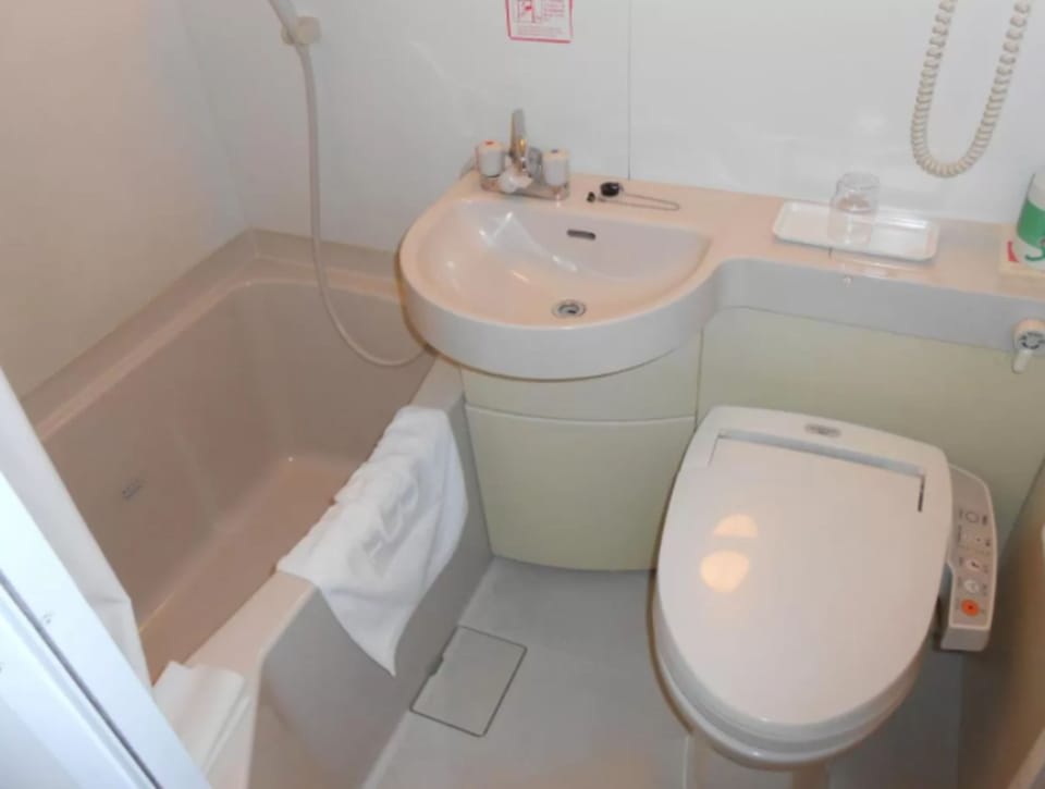 Combined shower/tub, hair dryer, slippers, electronic bidet