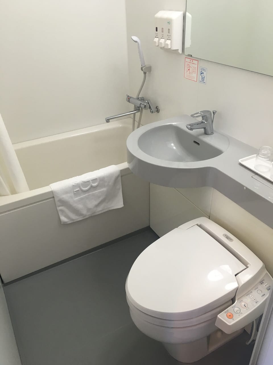 Combined shower/tub, hair dryer, slippers, electronic bidet
