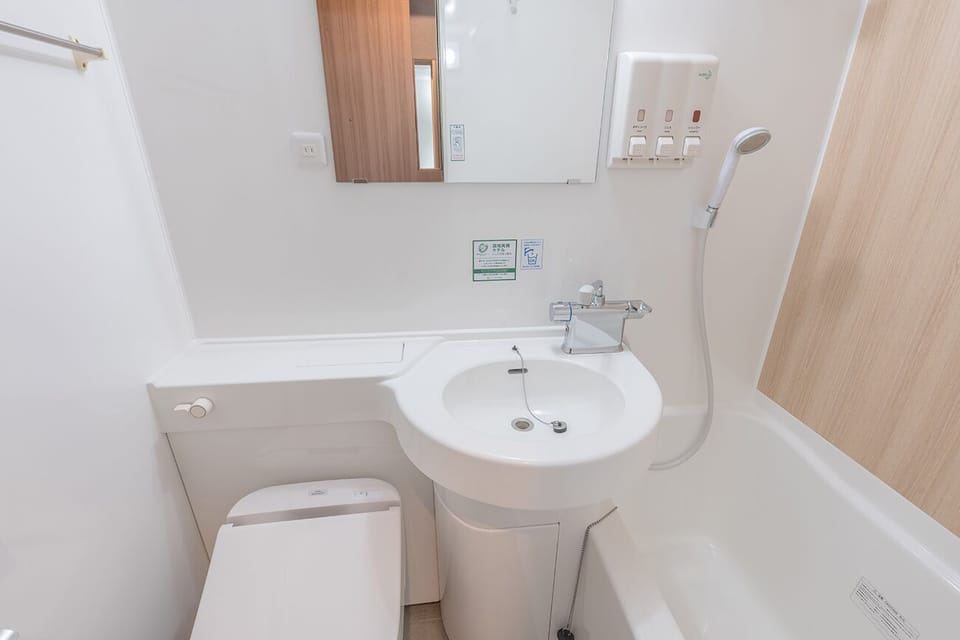 Combined shower/tub, hair dryer, slippers, electronic bidet