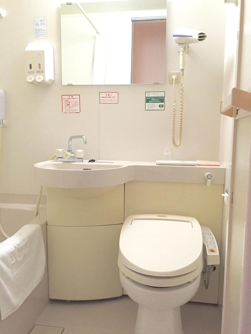 Combined shower/tub, slippers, electronic bidet, towels