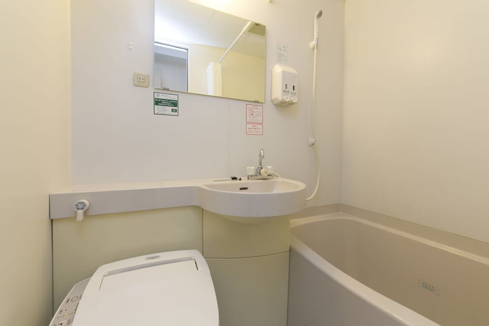 Combined shower/tub, slippers, electronic bidet, towels