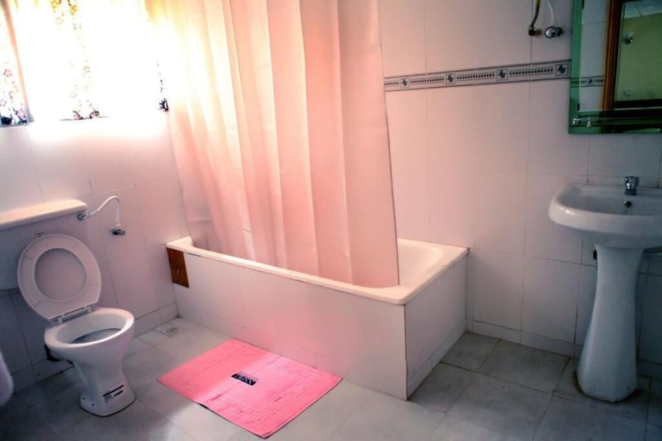 Combined shower/tub, free toiletries, towels, soap