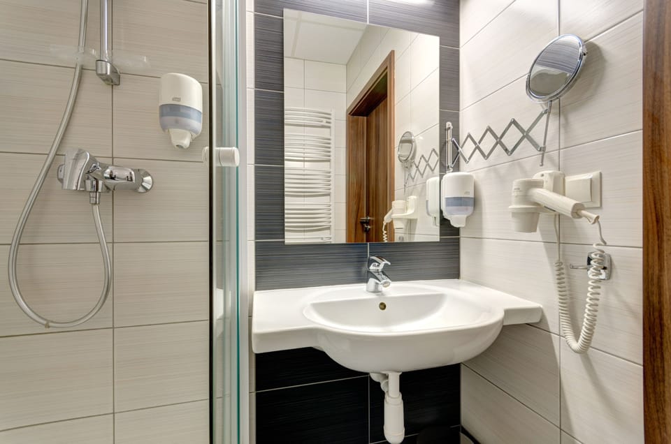 Shower, hair dryer, towels